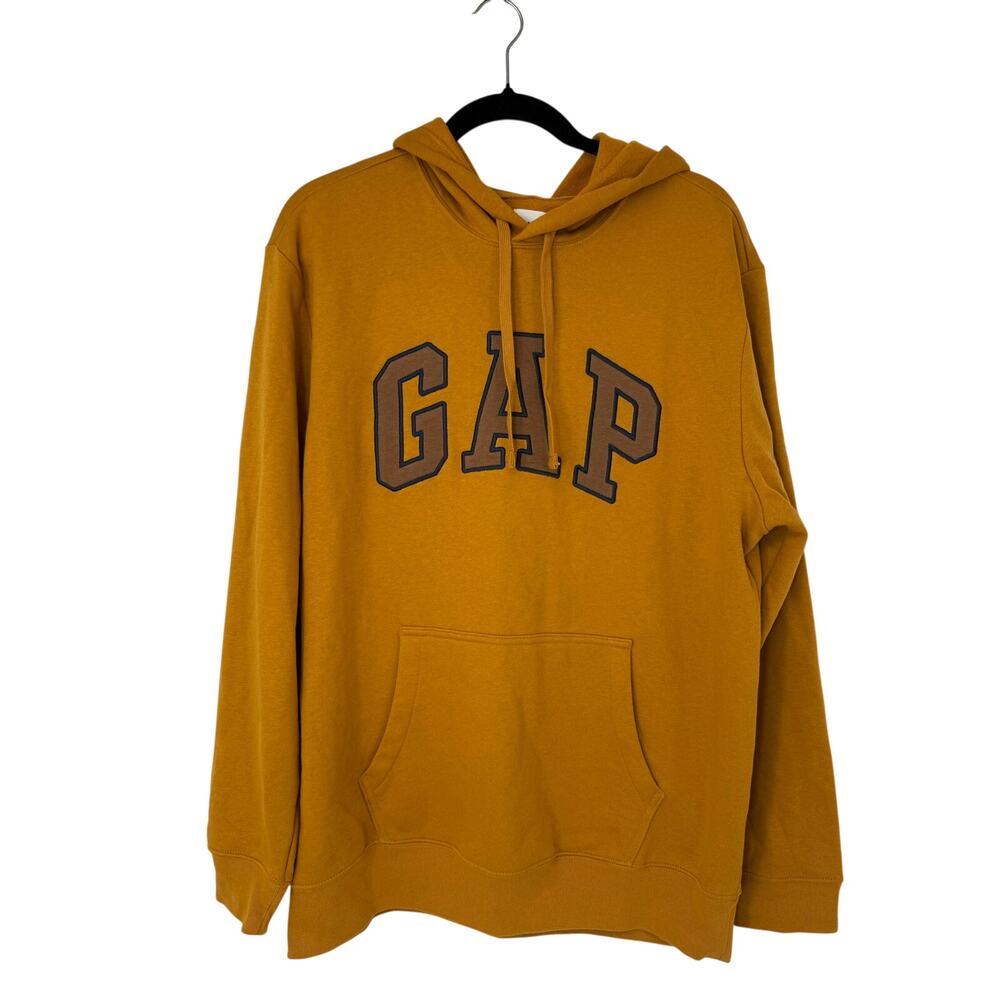 GAP Logo Hoodie Men Large Mustard Brown Collegiate Pullover NWOT Lounge Casual